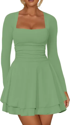 RanRui Women's Square Neck Ruffle Hem Mini Dress Ruched Waist Long Sleeve Corset Short Party Cocktail Birthday Dress