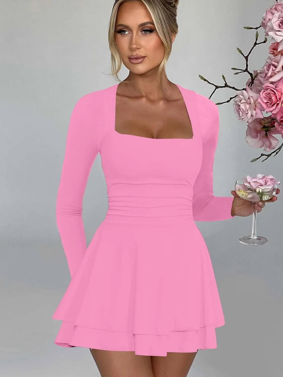 RanRui Women's Square Neck Ruffle Hem Mini Dress Ruched Waist Long Sleeve Corset Short Party Cocktail Birthday Dress