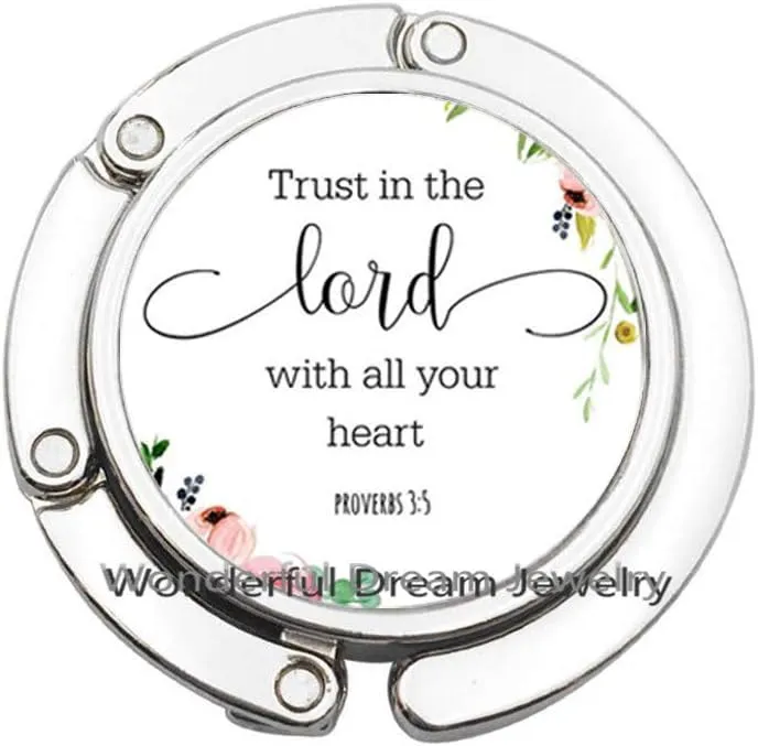 Religious Jewelry Trust in The Lord with All Your Heart Proverbs Bible Quote Bag Hook Purse Hook Christian Women Men GiftsPU374 (Silver)