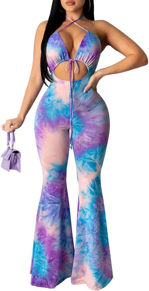 Remelon Womens Spaghetti Strap Halter Tie Dye Print Cut Out Bodycon Bell Flare Pants Club Party One Piece Jumpsuits Rompers