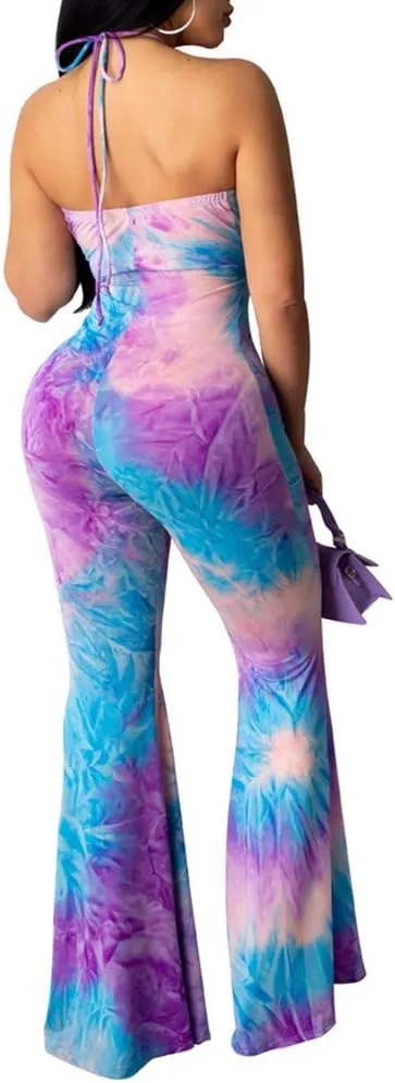 Remelon Womens Spaghetti Strap Halter Tie Dye Print Cut Out Bodycon Bell Flare Pants Club Party One Piece Jumpsuits Rompers