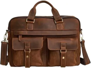 Retro Mens Leather Briefcase 17 Inch Waterproof Vintage Business Travel Vacation Commuter Bag with Multiple Pockets