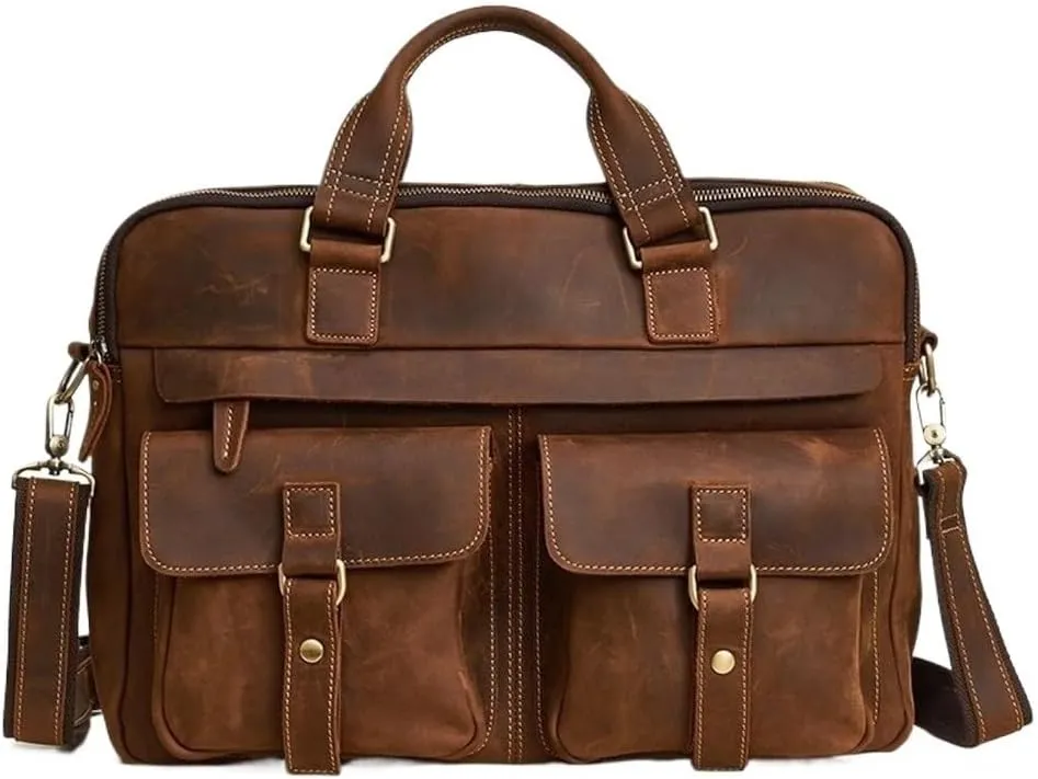 Retro Mens Leather Briefcase 17 Inch Waterproof Vintage Business Travel Vacation Commuter Bag with Multiple Pockets
