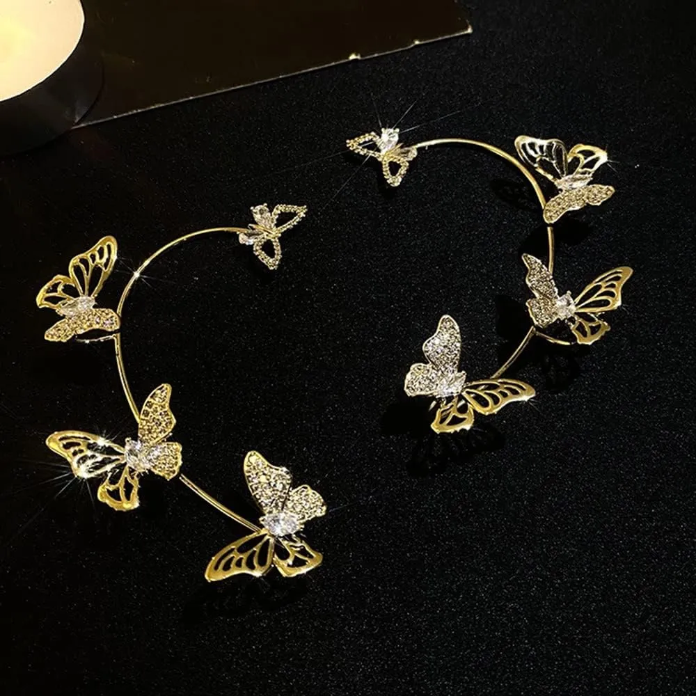 Rhinestone Butterfly Tassel Ear Cuffs 1 Pair No Piercing Cartilage Climber Ear Wrap Glitter Crystal Lariat Chain Fringe Clip on Earrings for Women