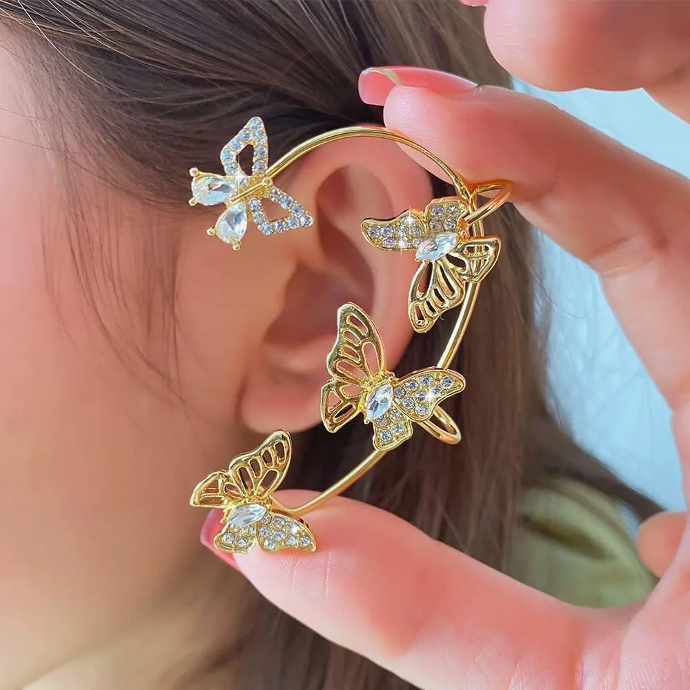 Rhinestone Butterfly Tassel Ear Cuffs 1 Pair No Piercing Cartilage Climber Ear Wrap Glitter Crystal Lariat Chain Fringe Clip on Earrings for Women