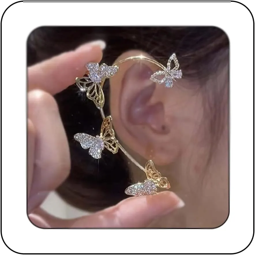 Rhinestone Butterfly Tassel Ear Cuffs 1 Pair No Piercing Cartilage Climber Ear Wrap Glitter Crystal Lariat Chain Fringe Clip on Earrings for Women