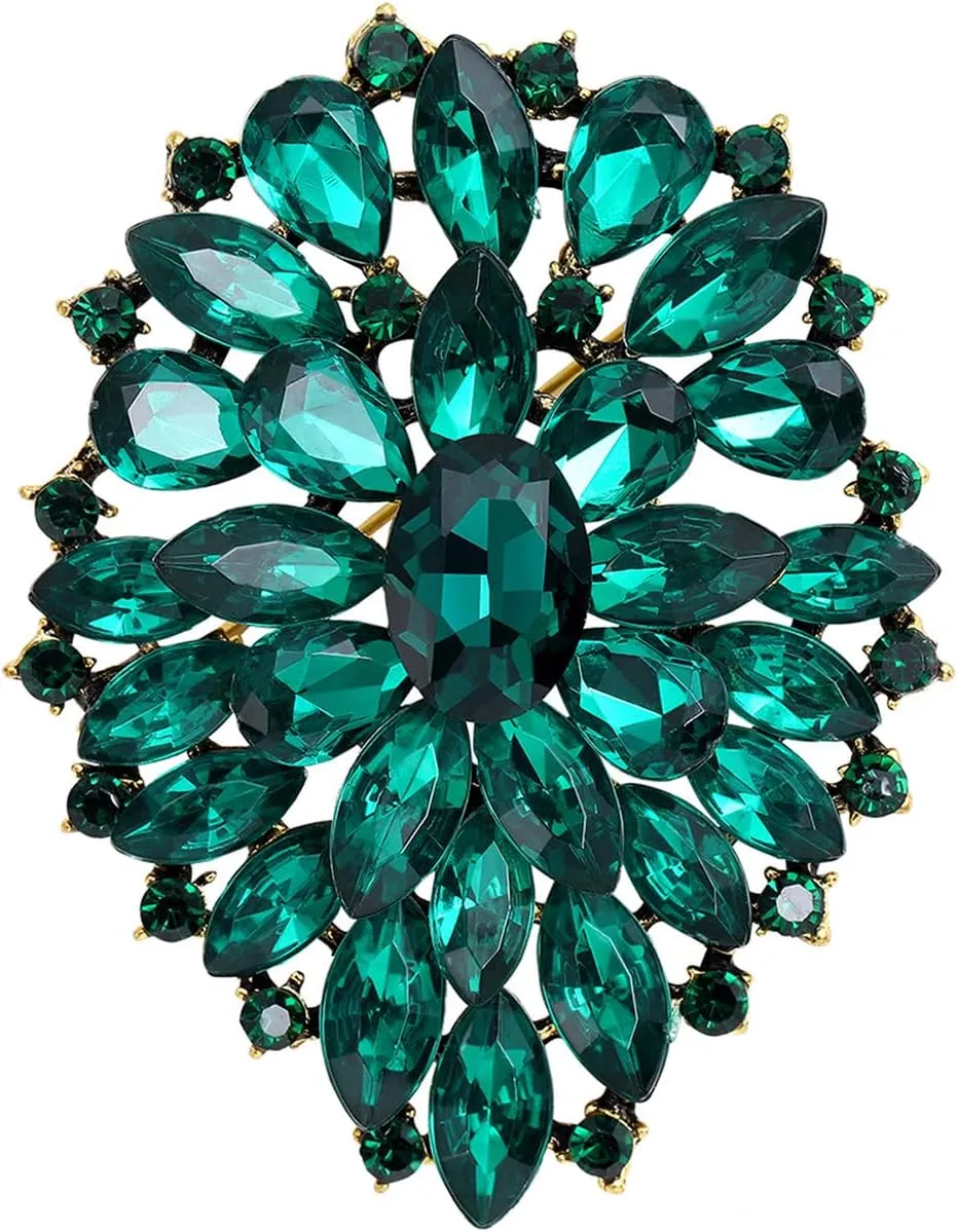 Rhinestone Crystal Oval Brooch Premium Large Flower Brooch Blue/Red/Green/Gold/Silver/Purple Crystal Geometric Broochs Sparkling Lapel Pin Elegant Wedding Bridesmaid Dress Broachs Pin for Women