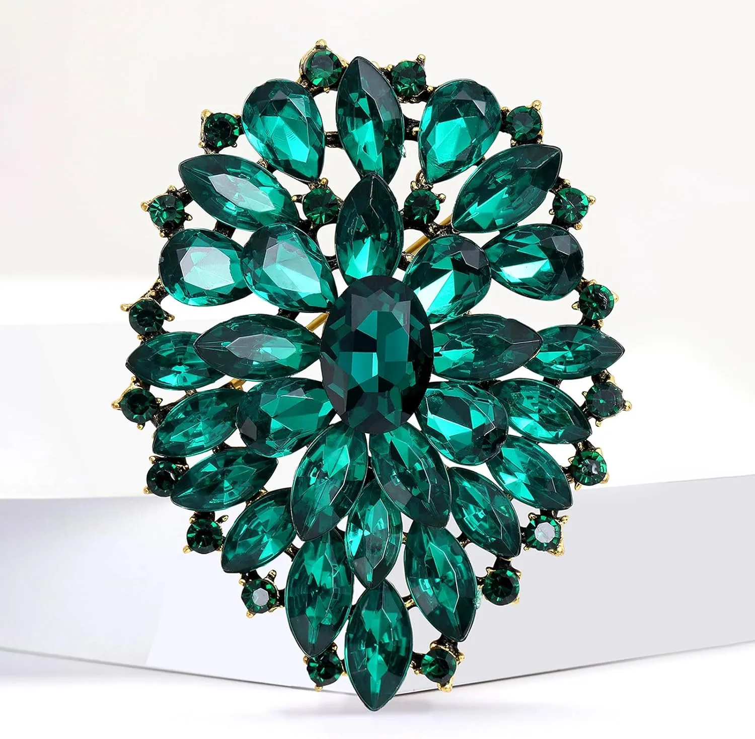 Rhinestone Crystal Oval Brooch Premium Large Flower Brooch Blue/Red/Green/Gold/Silver/Purple Crystal Geometric Broochs Sparkling Lapel Pin Elegant Wedding Bridesmaid Dress Broachs Pin for Women