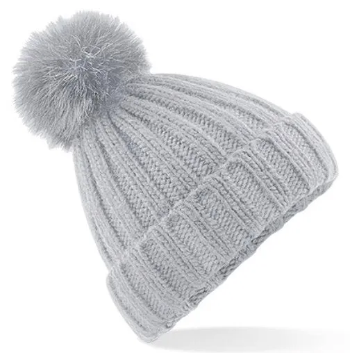 Ribbed Pom Pom Hat - Pale Grey