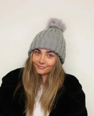 Ribbed Pom Pom Hat - Pale Grey