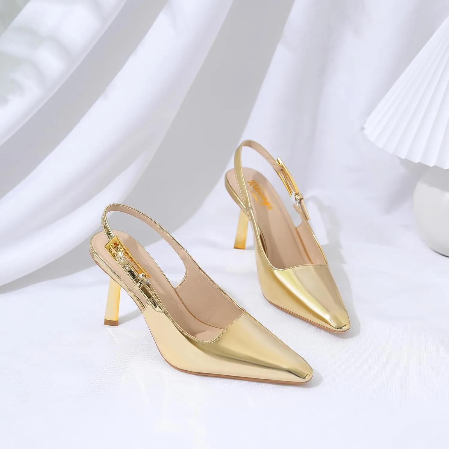 RIBONGZ Slingback Heels for Women Closed Pointed Toe Stiletto High Heels Dress Sexy Pumps Heeled Wedding Bride Prom Party Evening Dressy Shoes