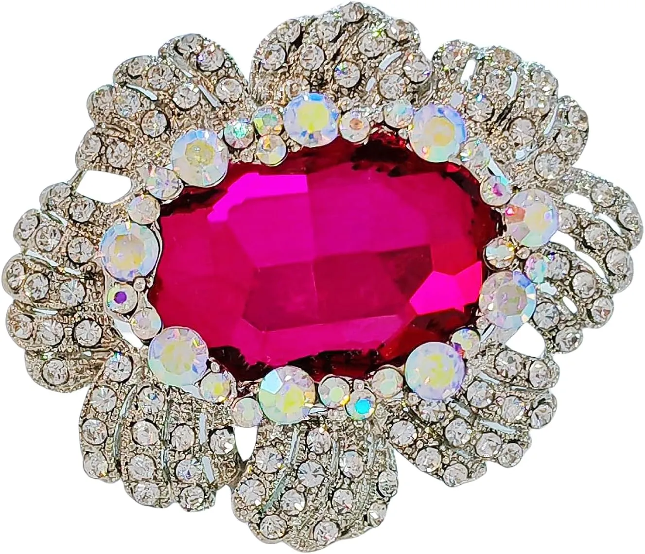 Romantic Stunning Iridescent Crystal Surrounded Oval Shaped Hot Pink Stone Brooches Pins Costume Jewelry