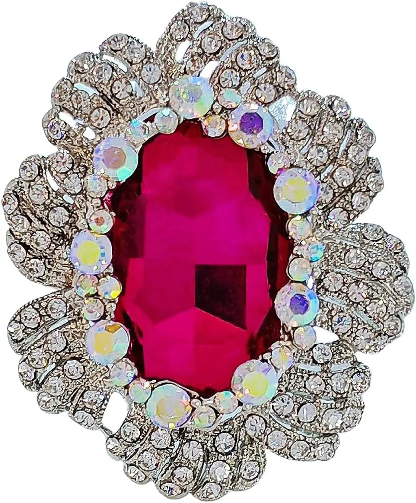 Romantic Stunning Iridescent Crystal Surrounded Oval Shaped Hot Pink Stone Brooches Pins Costume Jewelry