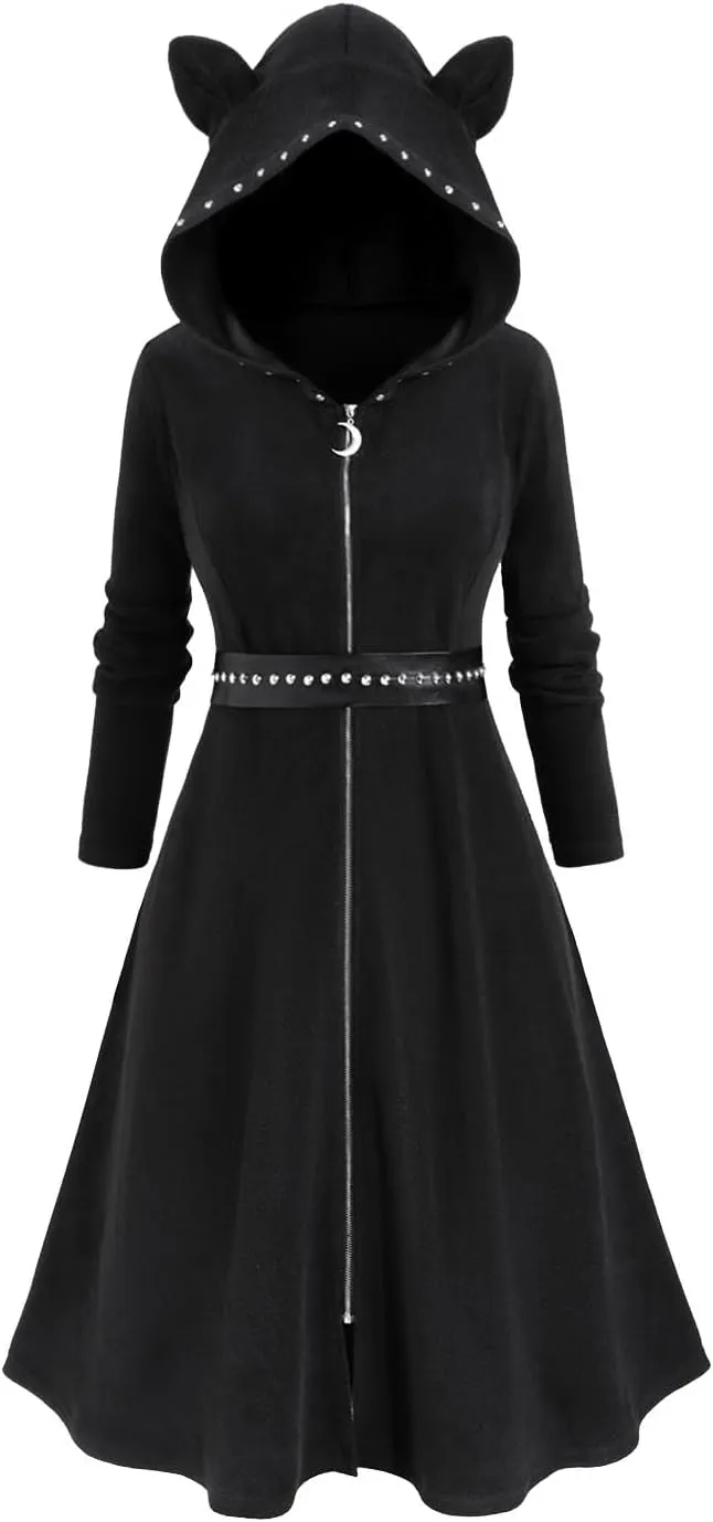 ROSE GAL Rosegal Womens Plus Size Gothic Full Zip Sherpa Fleece Fuzzy Cat Ear Hooded Long Coat with PU Leather Rivets Belt