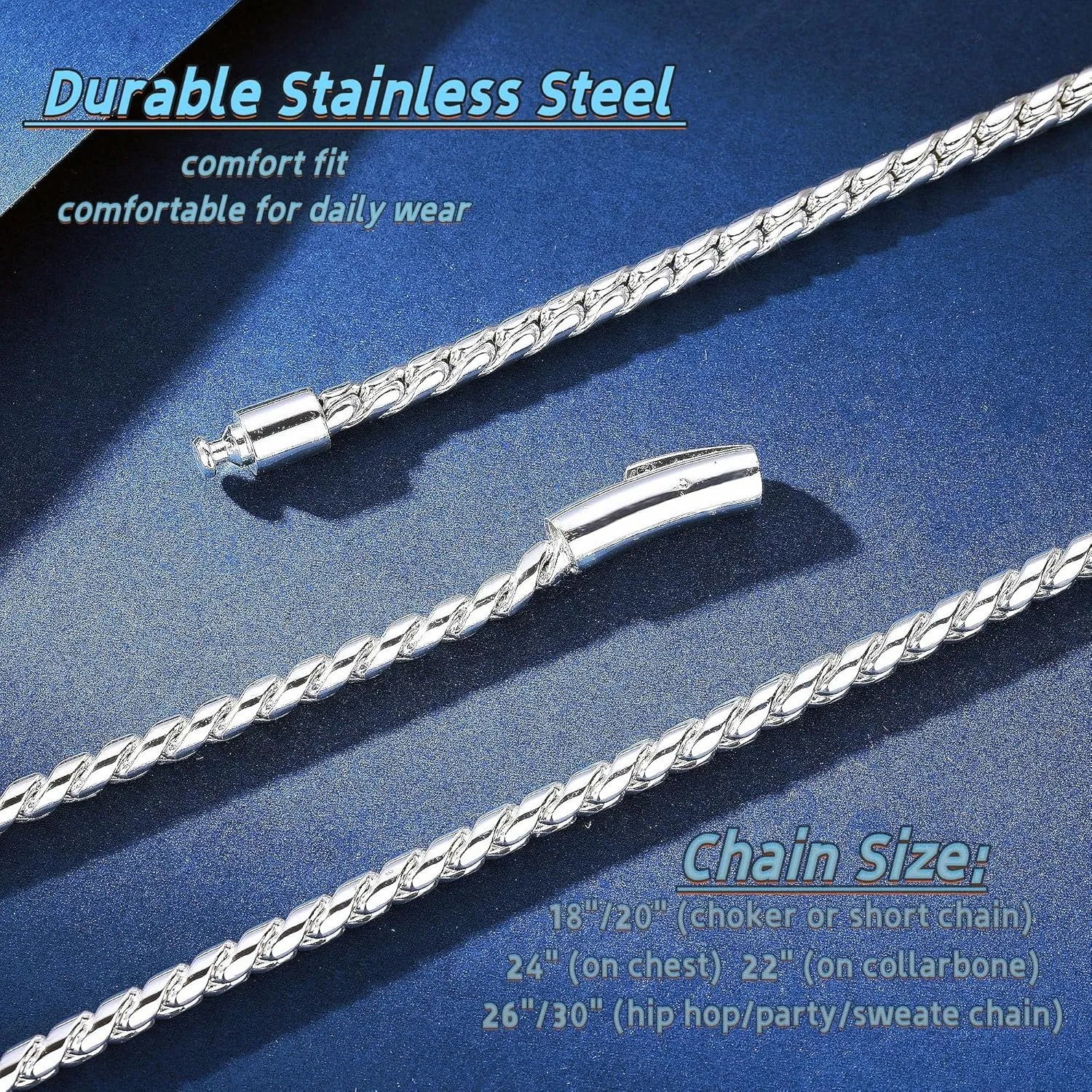 ROWIN&CO Twisted Rope Curb Cuban Chain 6mm Stainless Steel Necklace, Silver/Black/Blue Chain for Men Women Choker Jewelry Miami Link Hip hop Gifts 16"-30"