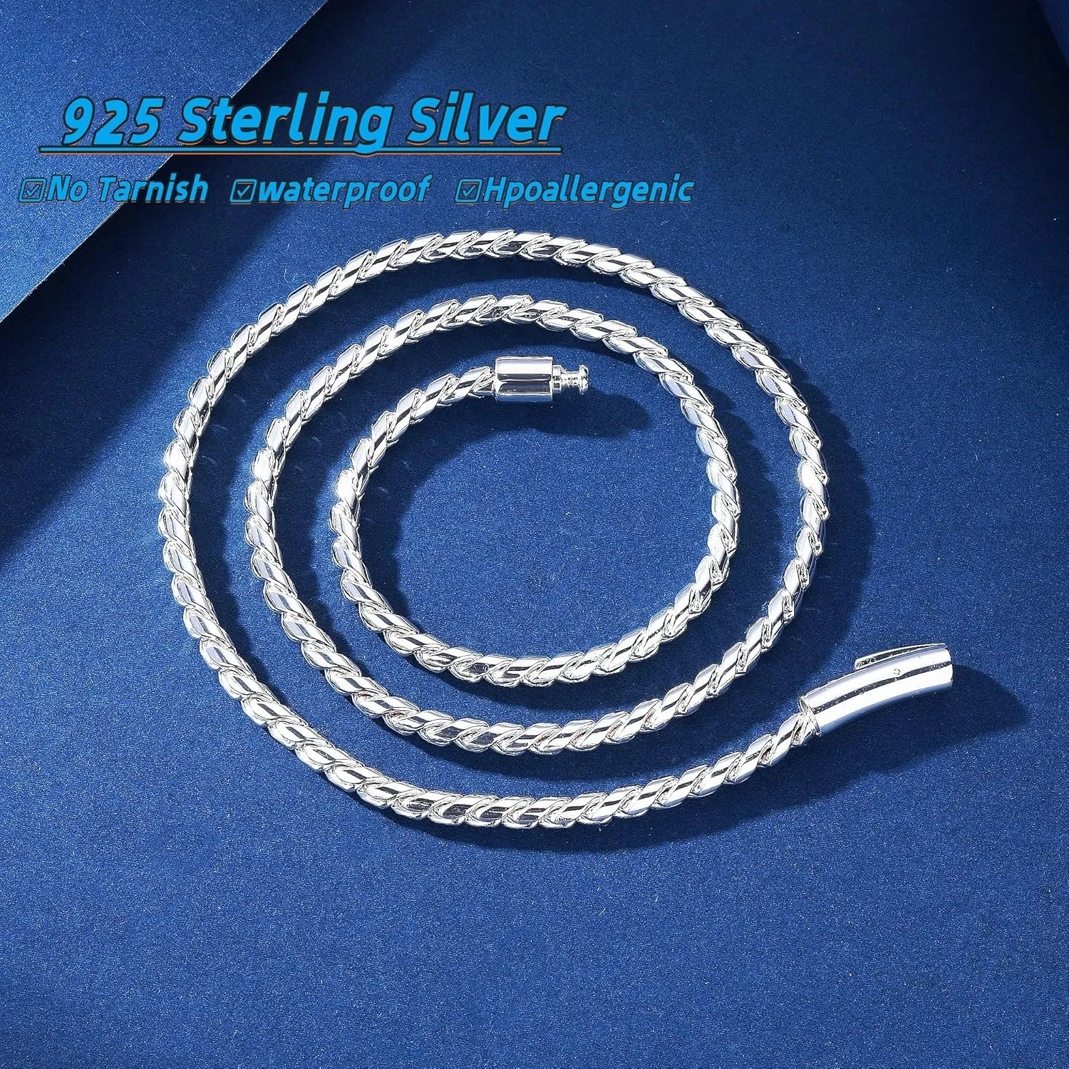 ROWIN&CO Twisted Rope Curb Cuban Chain 6mm Stainless Steel Necklace, Silver/Black/Blue Chain for Men Women Choker Jewelry Miami Link Hip hop Gifts 16"-30"