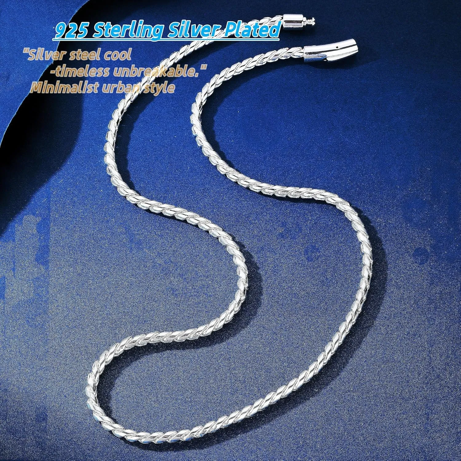 ROWIN&CO Twisted Rope Curb Cuban Chain 6mm Stainless Steel Necklace, Silver/Black/Blue Chain for Men Women Choker Jewelry Miami Link Hip hop Gifts 16"-30"