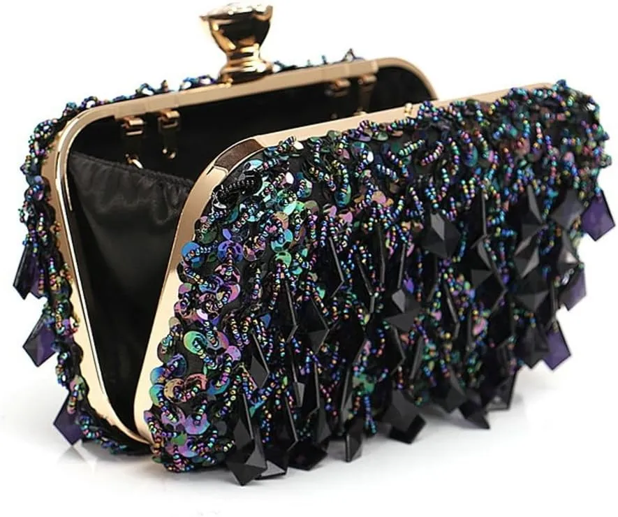 Rungion Womens Elegant Acrylic Evening Clutch Sequin Beaded Purse Handbag Crossbody Shoulder Bag for Wedding Party Prom