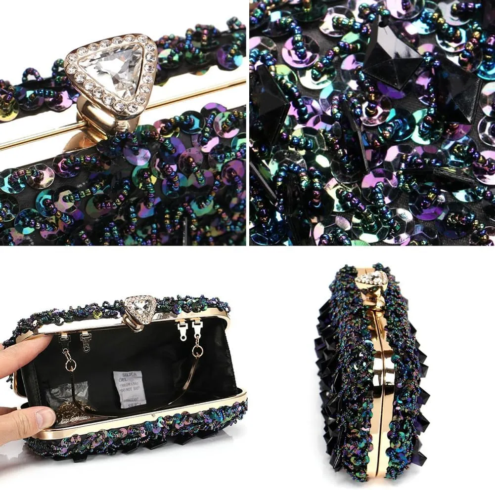 Rungion Womens Elegant Acrylic Evening Clutch Sequin Beaded Purse Handbag Crossbody Shoulder Bag for Wedding Party Prom