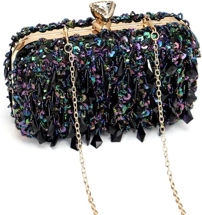 Rungion Womens Elegant Acrylic Evening Clutch Sequin Beaded Purse Handbag Crossbody Shoulder Bag for Wedding Party Prom
