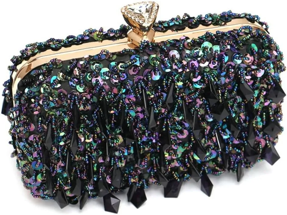 Rungion Womens Elegant Acrylic Evening Clutch Sequin Beaded Purse Handbag Crossbody Shoulder Bag for Wedding Party Prom