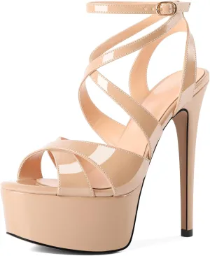 SAMMITOP Women's Strappy Platform Heels Sexy Stiletto High Heel Sandals Open Toe Ankle Strap Buckle Summer Dress Shoes for Wedding Bridal Party 6 Inch