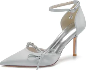 Sangeuhhlk Women's Closed Toe Stiletto High Rhinestone High Heels Wedding Bridal Dress Bow knot Shoes Ankle Strap Mid Heel Stiletto Pumps Party Shoes
