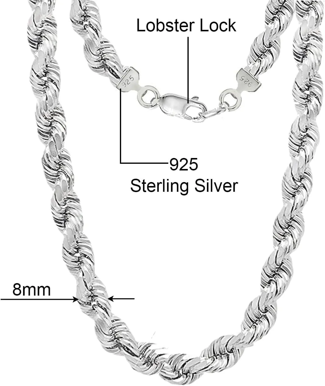Savlano 925 Sterling Silver 8MM Hollow Italian Rope Diamond Cut Twist Link Chain Necklace for Men & Women Comes with Gift Box- Made in Italy