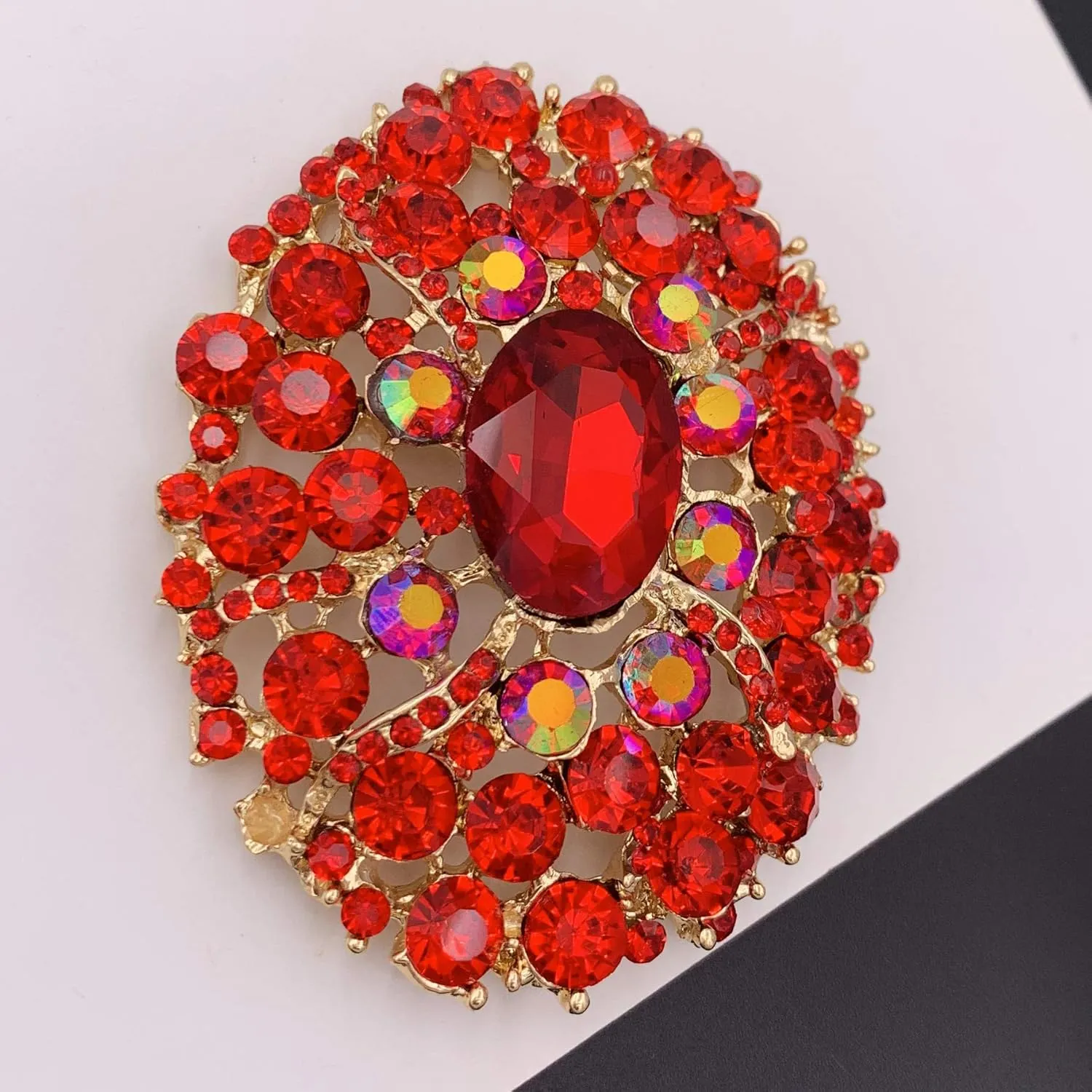 SELOVO Big Large Rhinestone Oval Glitter Brooch Pin Jewelry Accessory Gold Tone