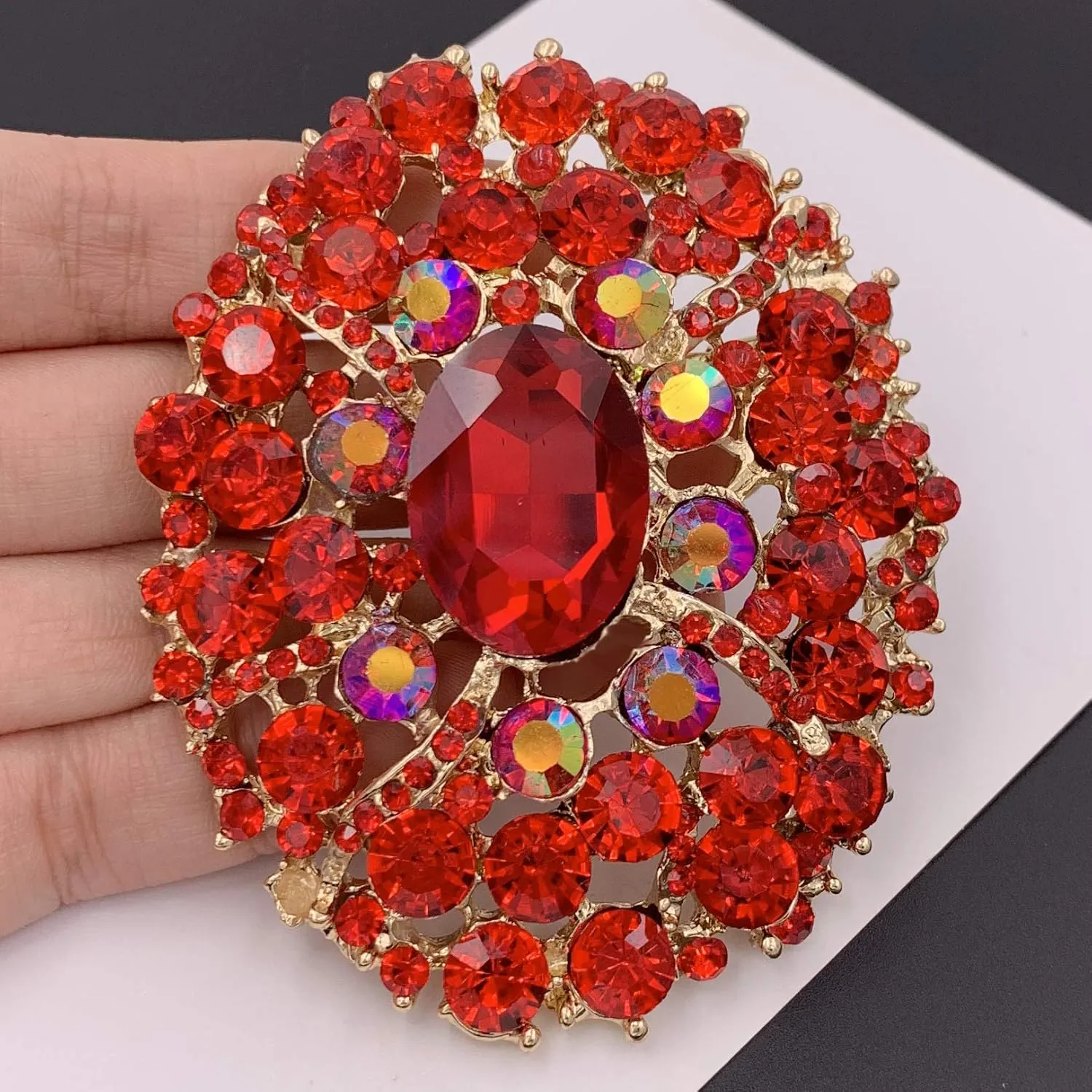 SELOVO Big Large Rhinestone Oval Glitter Brooch Pin Jewelry Accessory Gold Tone