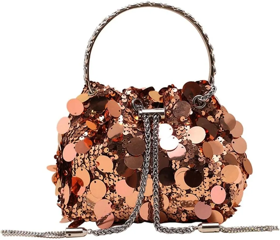 Sequin Bucket Bag for Women Wedding Evening Clutch Purse Glitter Y2K Small Tassel Shoulder Bag Sparkly Party Bags