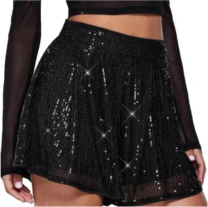 Sequin Sparkle Shorts for Women with Liner Pleated Y2K Flowy Shorts High Waisted Night Out Cute Party Mini Skort