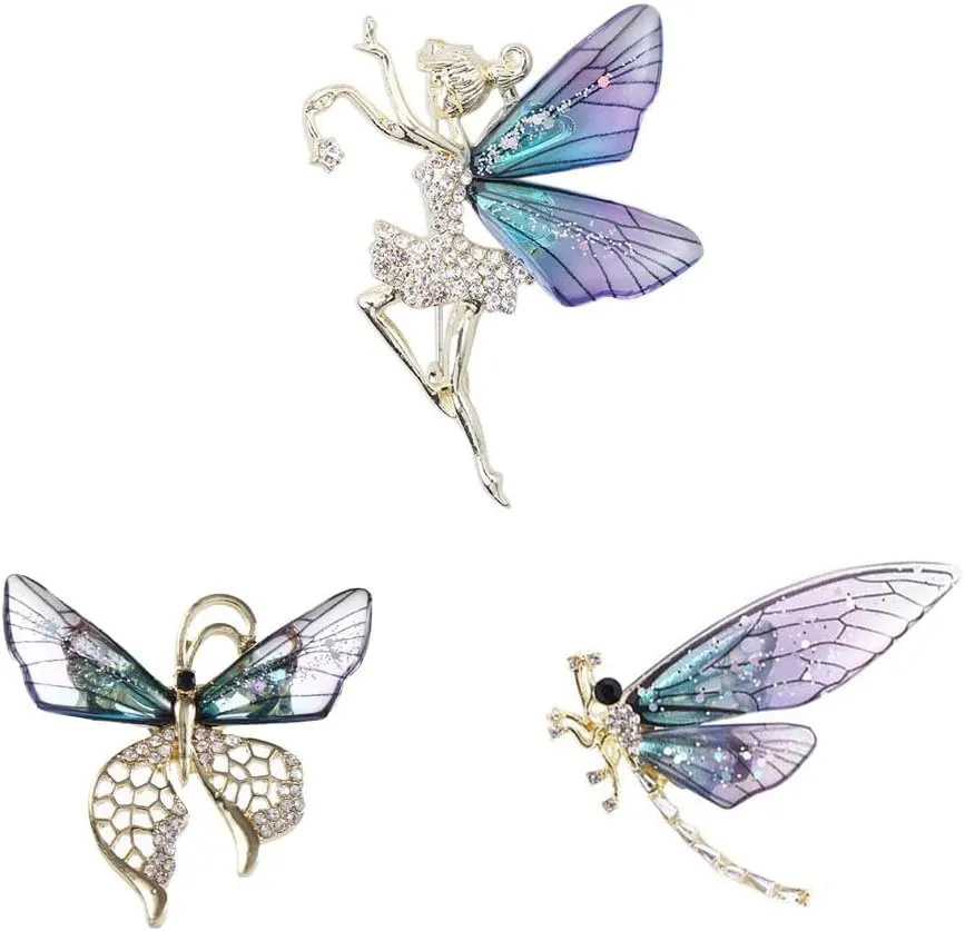 Set of 3 Women Brooch Pins Crystal Rhinestones Butterfly, Fairy, Dragonfly Brooch Pin Breastpin Jewelry Accessories for Clothes Suit Collar Dress Scarf