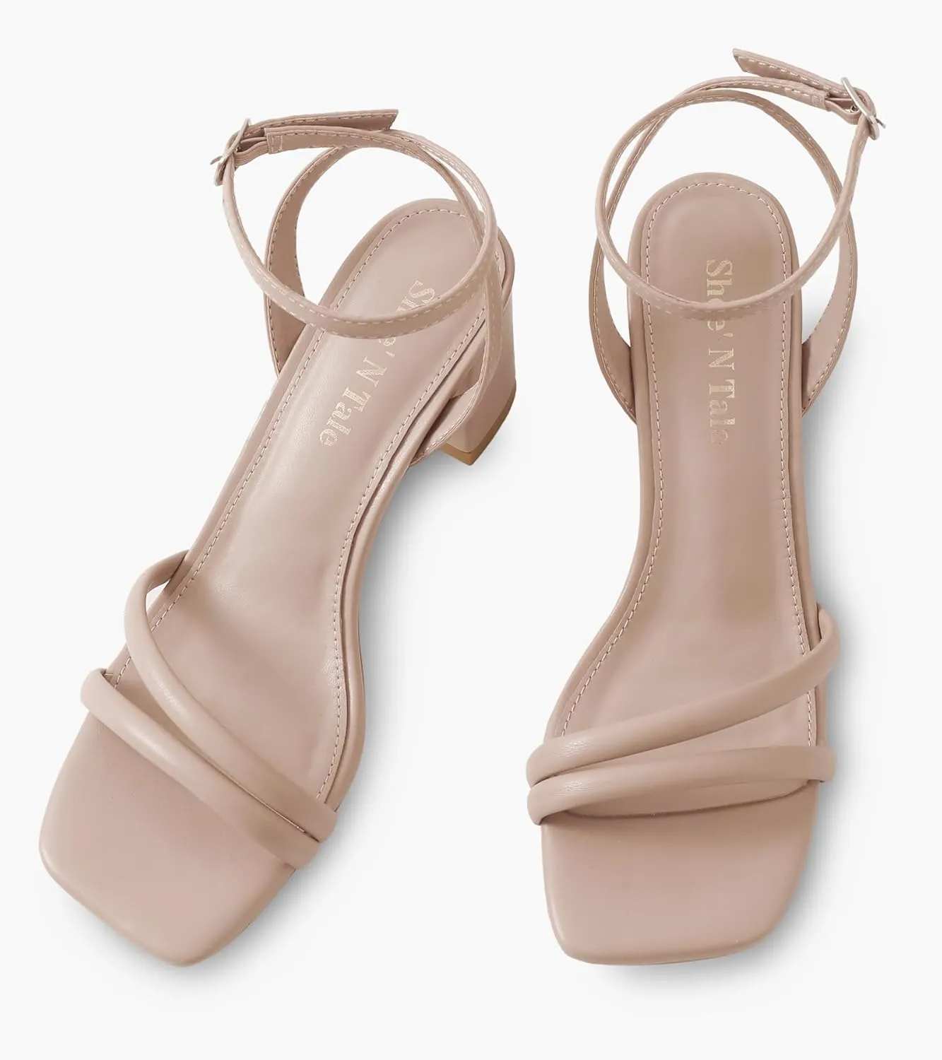 Shoe'N Tale Strappy Heels for Women Square Toe Chunky Block Heels Ankle Buckle Heeled Sandals