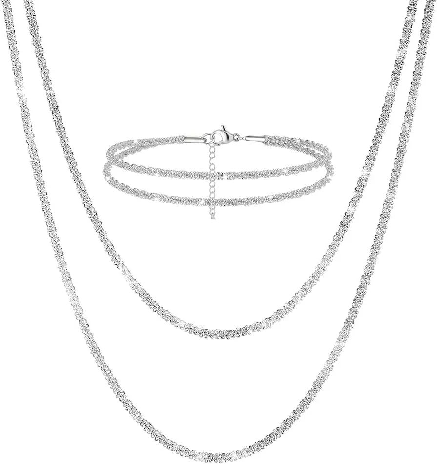 Silver Necklaces Bracelet Set For Women, Double Layer Snake Chain Herringbone Chain Necklace Layering Necklace Set Cuban Chain Necklace Jewelry Set