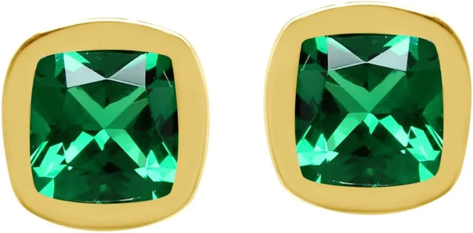 Silvershake 5MM Cushion Shape Birthstone Gemstones White Gold Plated or Yellow Gold Plated 925 Sterling Silver Bezel Set Stud Post Earrings Jewelry for Women or Teens First or Second Hole Piercing