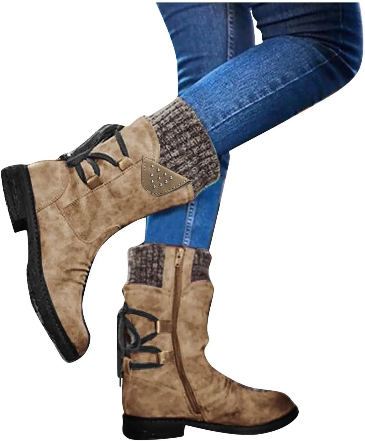 Snow Boots for Women Winter Warm Square Toe Shoes Lace Up Zip High Heel Booties Combat Mid Calf Boots Chunky Platform Boots