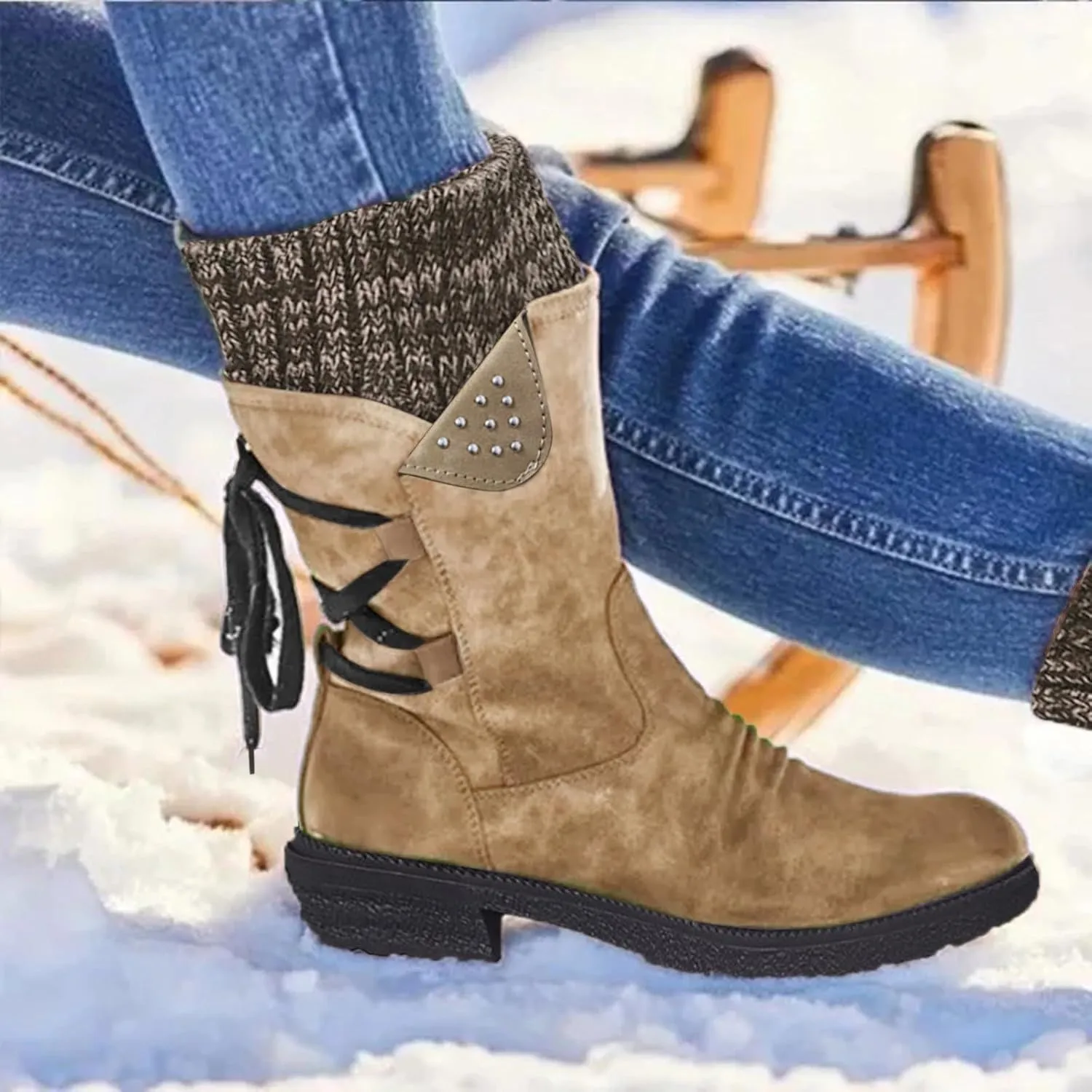 Snow Boots for Women Winter Warm Square Toe Shoes Lace Up Zip High Heel Booties Combat Mid Calf Boots Chunky Platform Boots