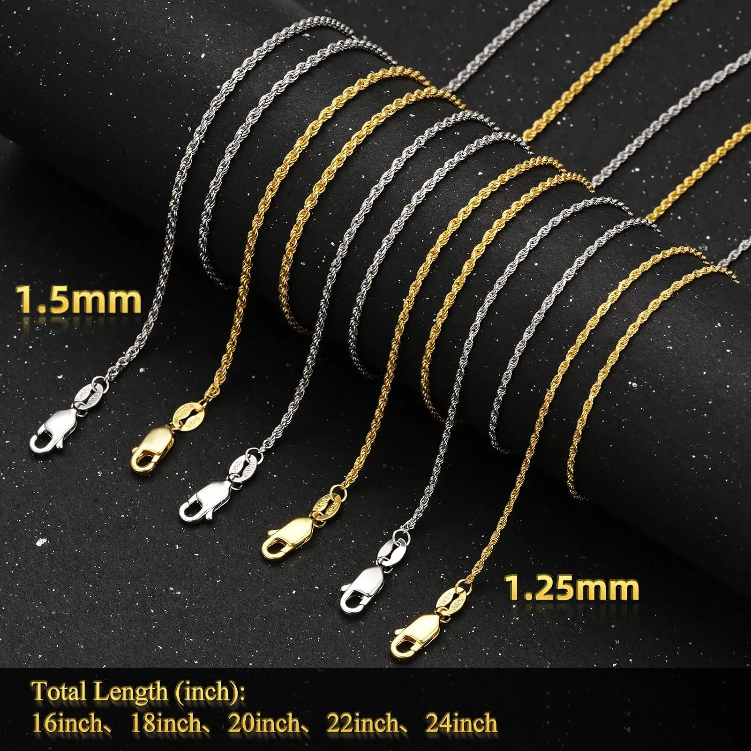 SNZM 925 Sterling Silver rope chain18k Real Gold Plated Rope Chain 1.25MM1.5MM Twist Chain Necklace for Men Women