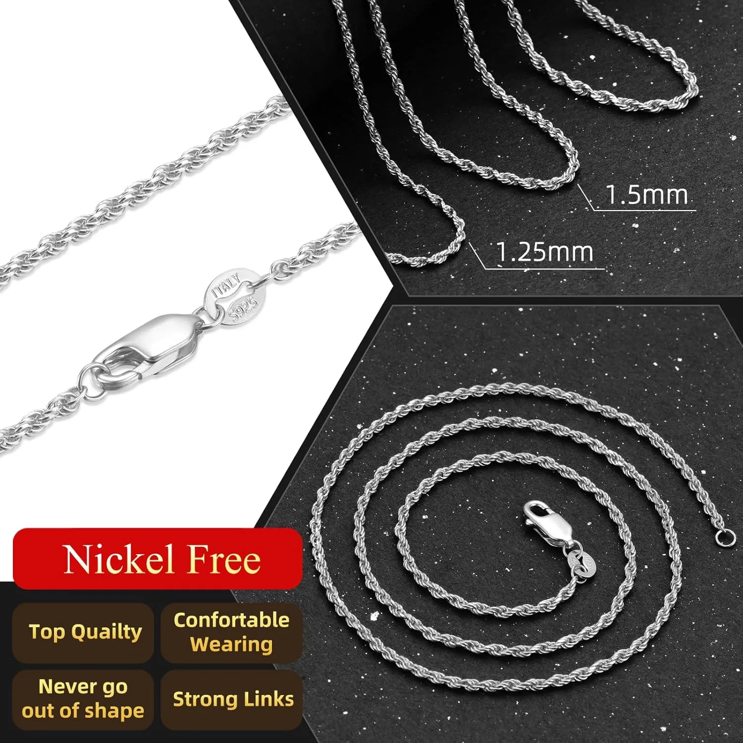 SNZM 925 Sterling Silver rope chain18k Real Gold Plated Rope Chain 1.25MM1.5MM Twist Chain Necklace for Men Women