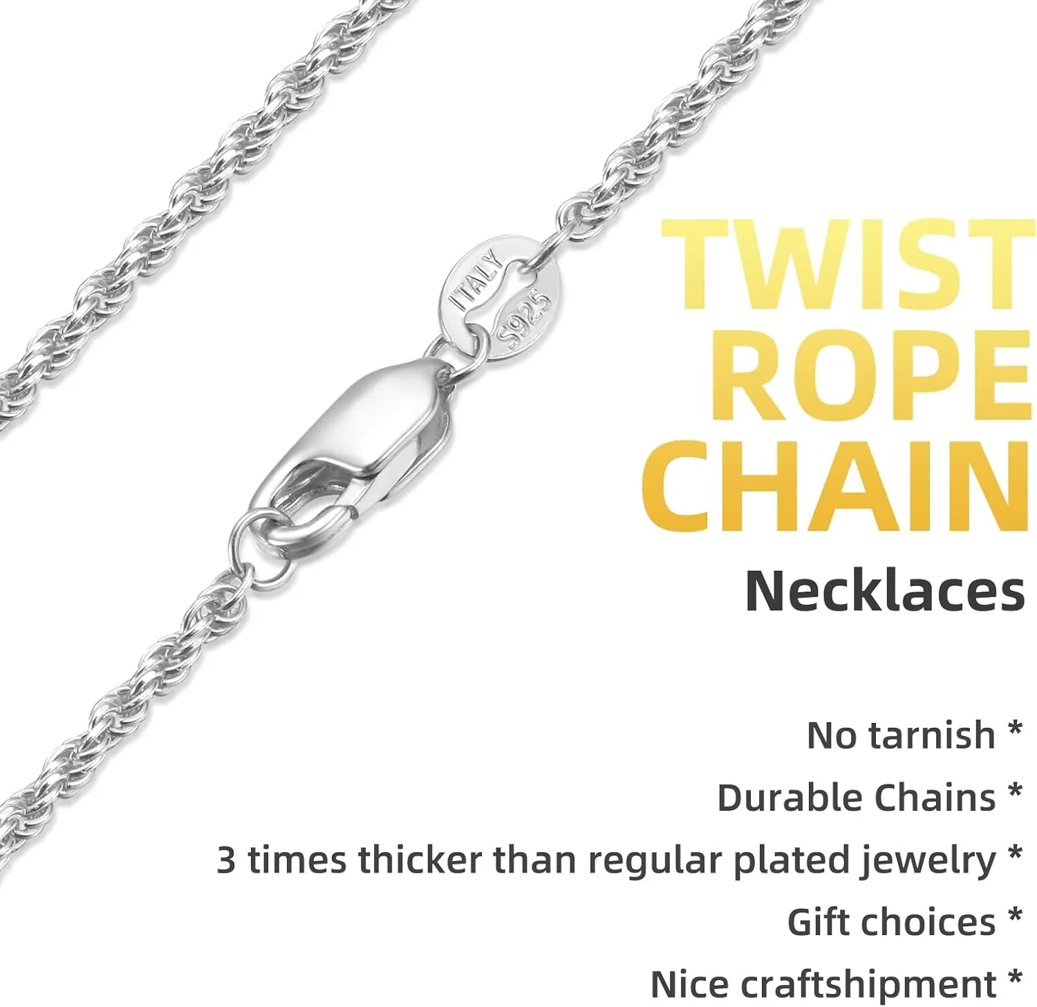 SNZM 925 Sterling Silver rope chain18k Real Gold Plated Rope Chain 1.25MM1.5MM Twist Chain Necklace for Men Women