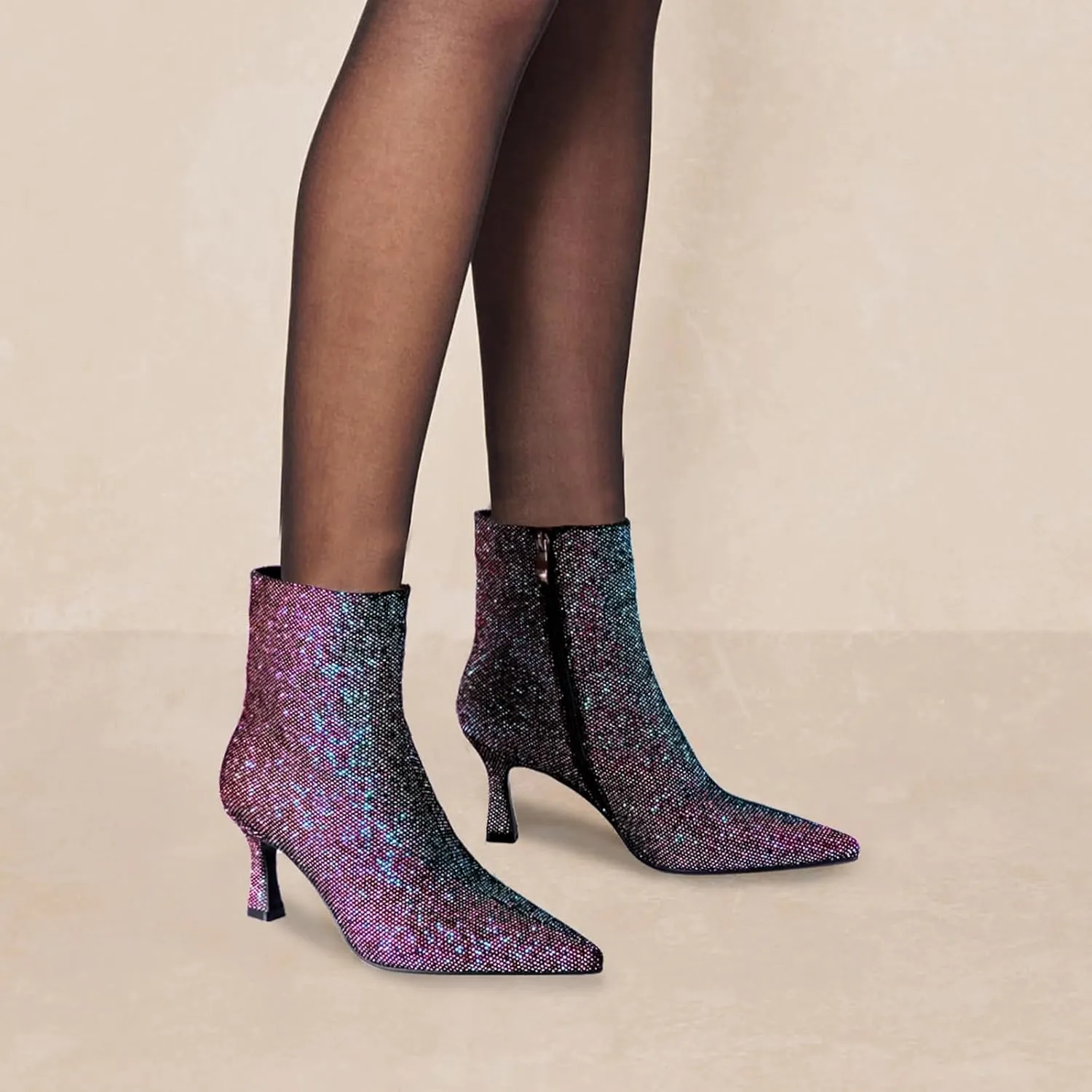 Sparkle Ankle Boots for Women Pointed Toe Kitten Heel Glitter Booties Side Zipper Mesh Rhinestone Dressy Heels Shoes
