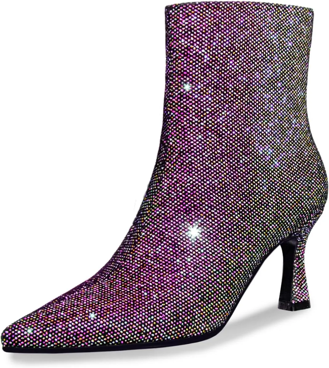 Sparkle Ankle Boots for Women Pointed Toe Kitten Heel Glitter Booties Side Zipper Mesh Rhinestone Dressy Heels Shoes