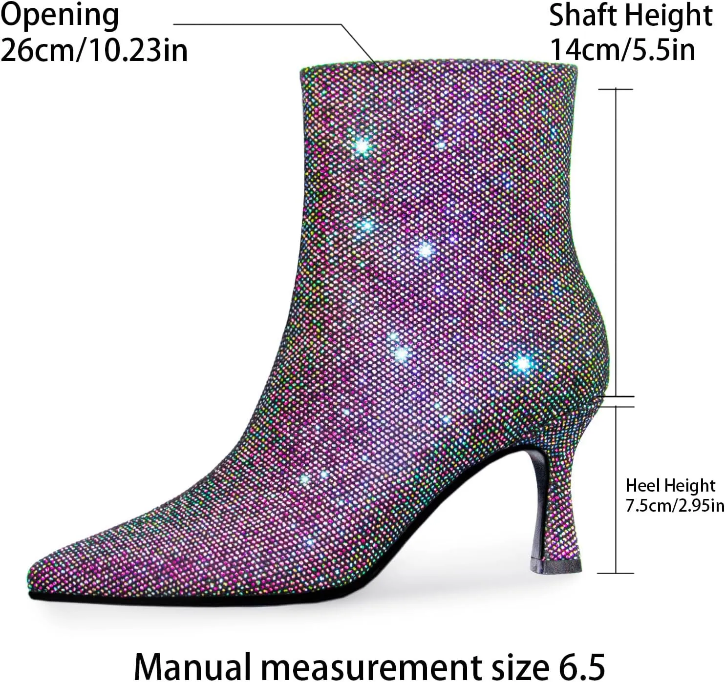 Sparkle Ankle Boots for Women Pointed Toe Kitten Heel Glitter Booties Side Zipper Mesh Rhinestone Dressy Heels Shoes