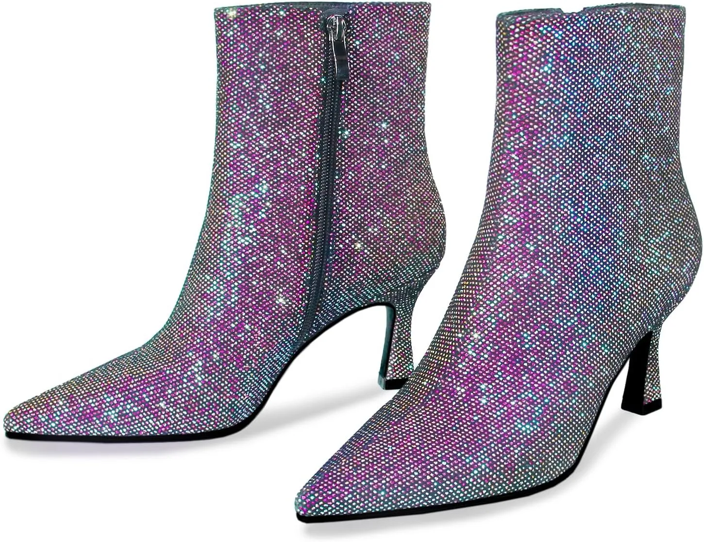 Sparkle Ankle Boots for Women Pointed Toe Kitten Heel Glitter Booties Side Zipper Mesh Rhinestone Dressy Heels Shoes