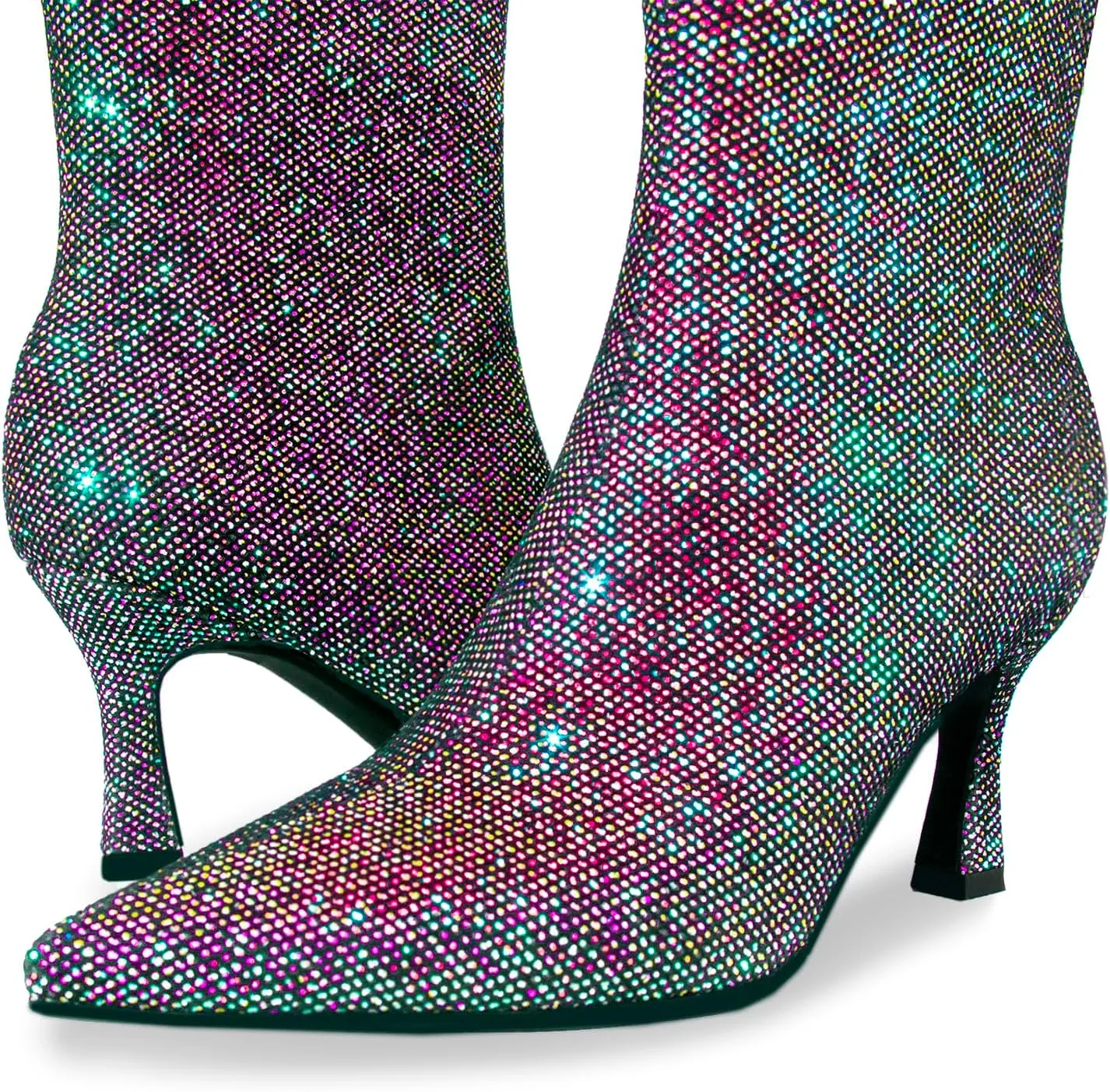 Sparkle Ankle Boots for Women Pointed Toe Kitten Heel Glitter Booties Side Zipper Mesh Rhinestone Dressy Heels Shoes