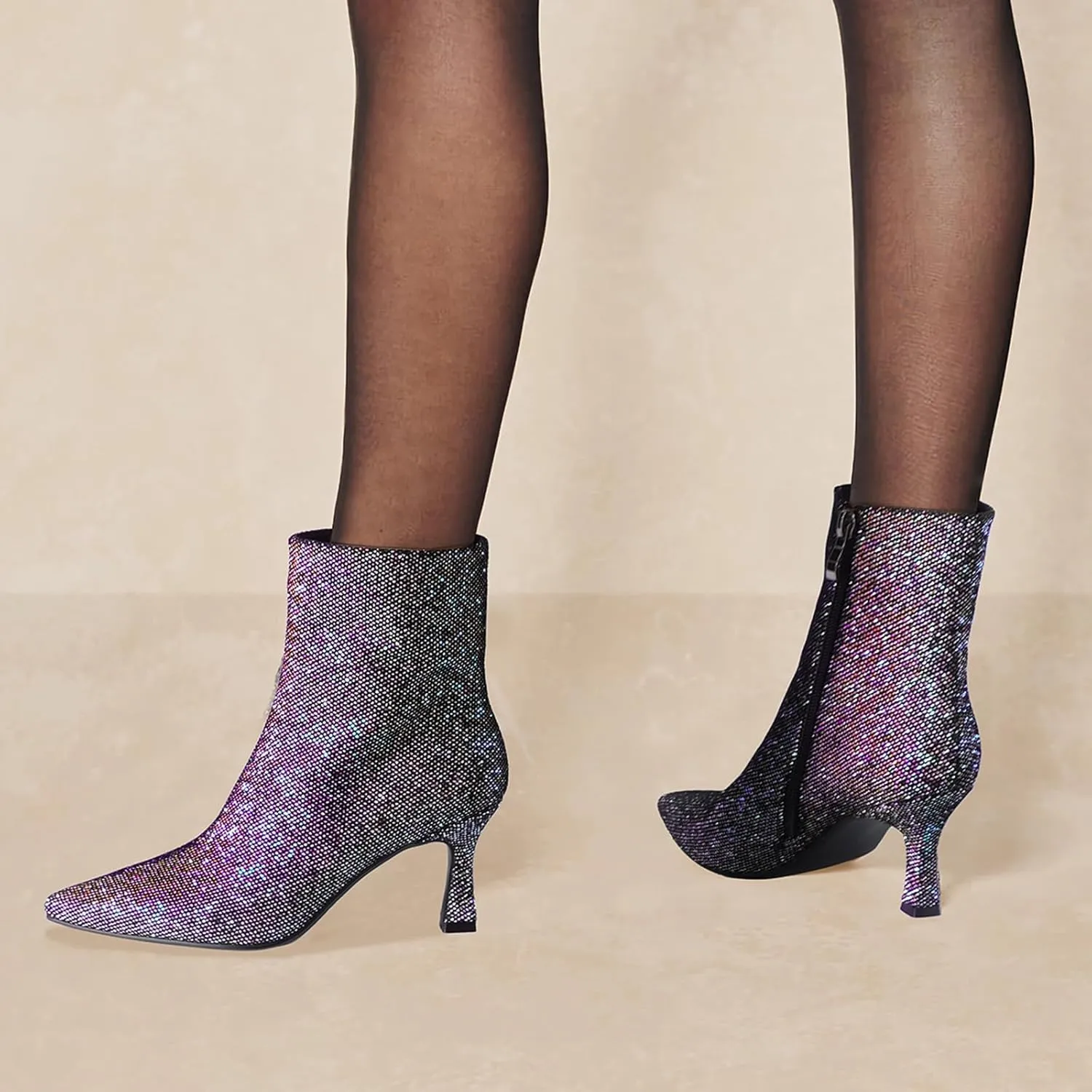 Sparkle Ankle Boots for Women Pointed Toe Kitten Heel Glitter Booties Side Zipper Mesh Rhinestone Dressy Heels Shoes