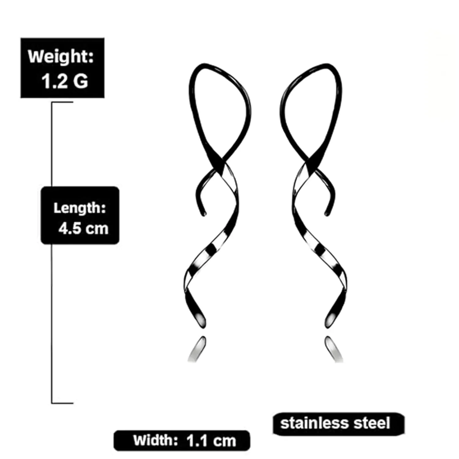 Spiral Threader Earrings 18 Gold Wave Dangle Earrings Minimal Handmade Twisted Linear Curved Dangling Earrings Minimal Everyday Earring for Women Girls (Black)