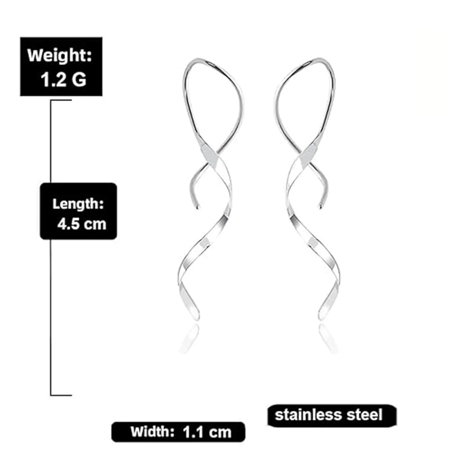Spiral Threader Earrings 18 Gold Wave Dangle Earrings Minimal Handmade Twisted Linear Curved Dangling Earrings Minimal Everyday Earring for Women Girls (Silver)
