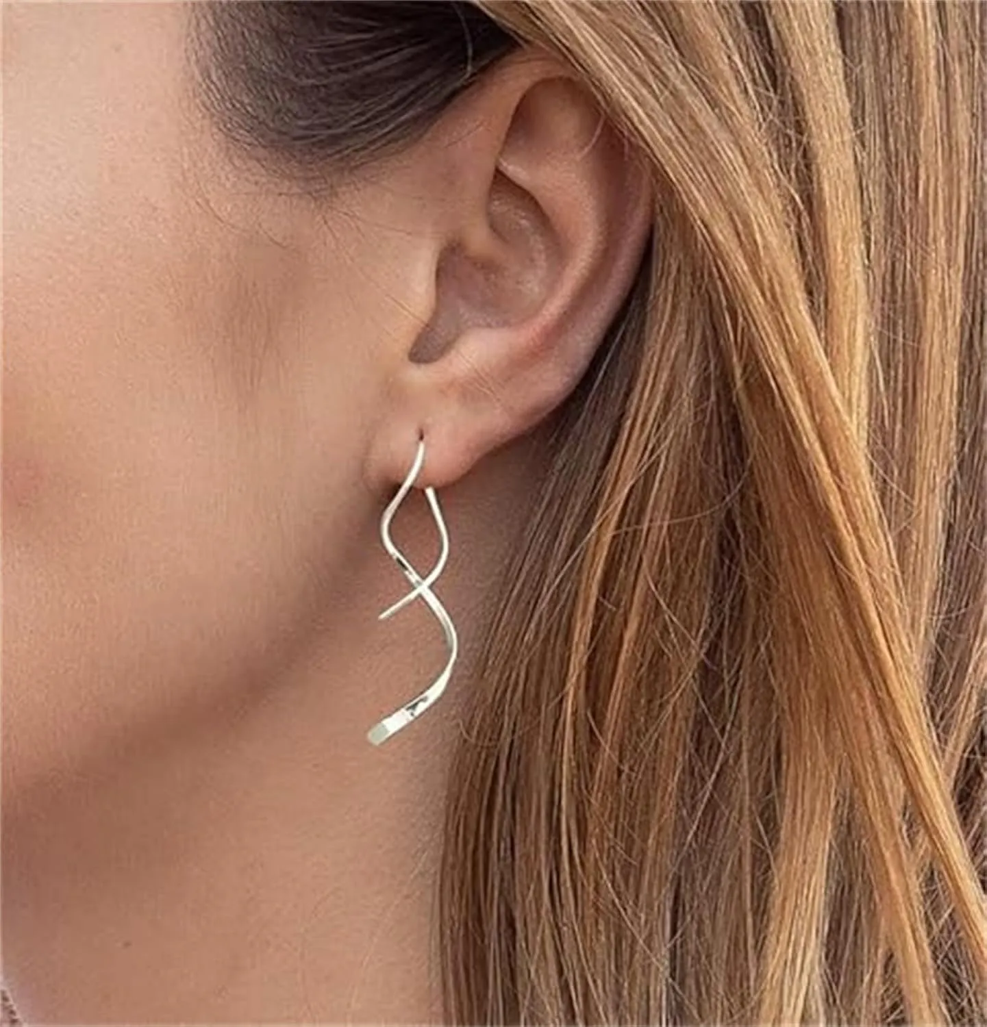 Spiral Threader Earrings 18 Gold Wave Dangle Earrings Minimal Handmade Twisted Linear Curved Dangling Earrings Minimal Everyday Earring for Women Girls (Silver)